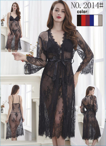 Black Three Piece Net Nighty with Ribbon