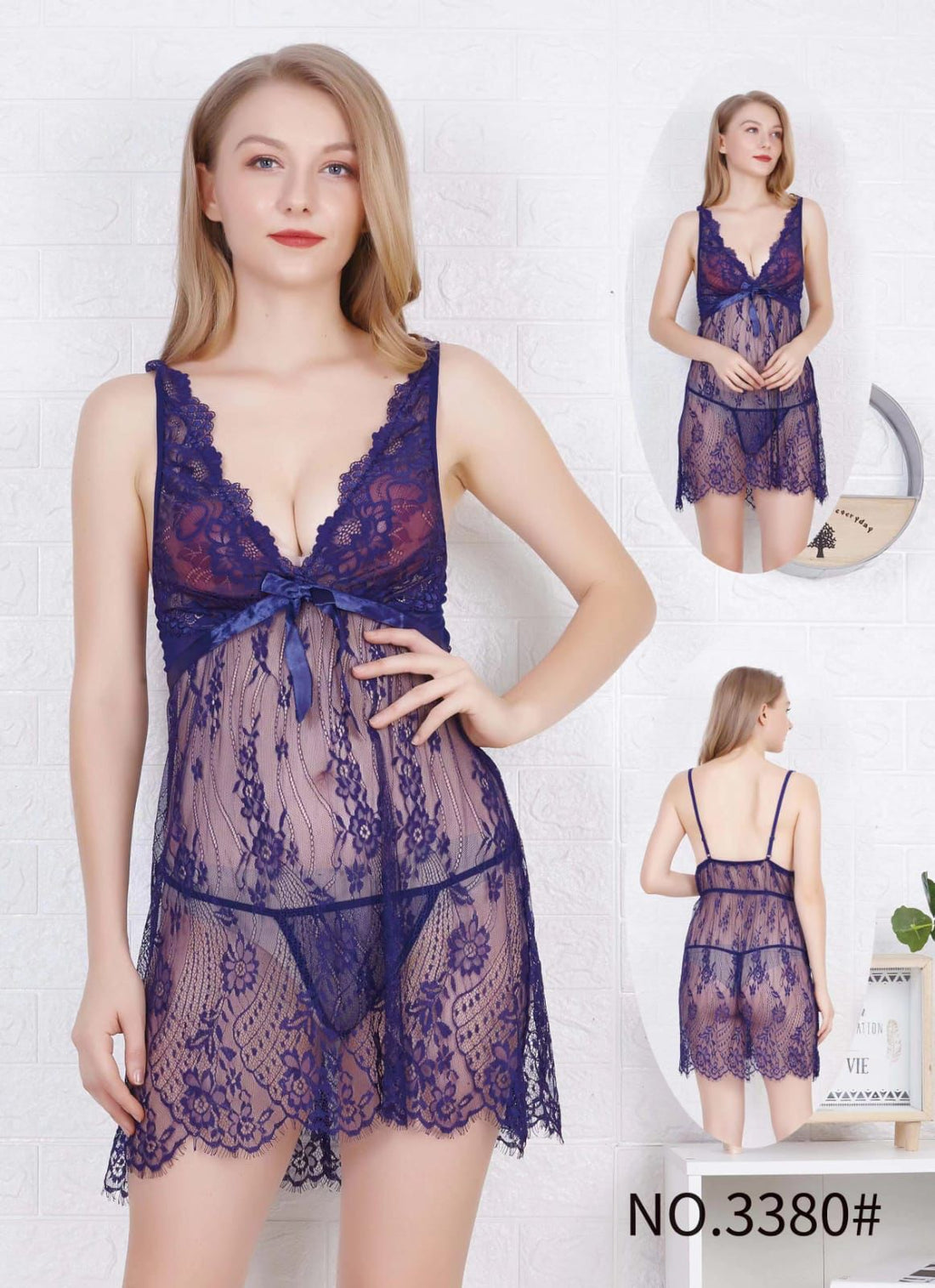 Blue Net Flower Deep Neck Nighty