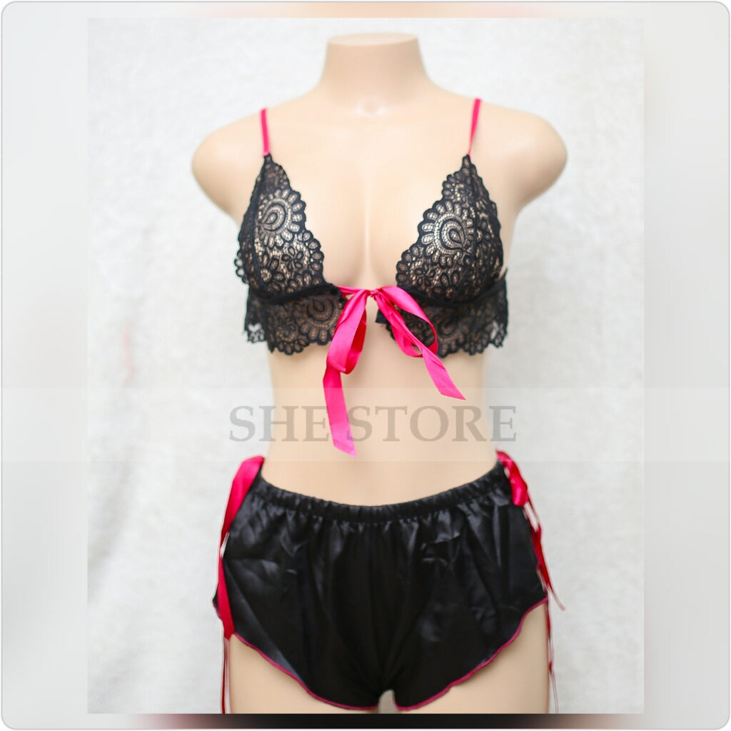 Ribbon Deep V Shape Bra Set