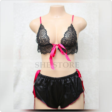 Ribbon Deep V Shape Bra Set