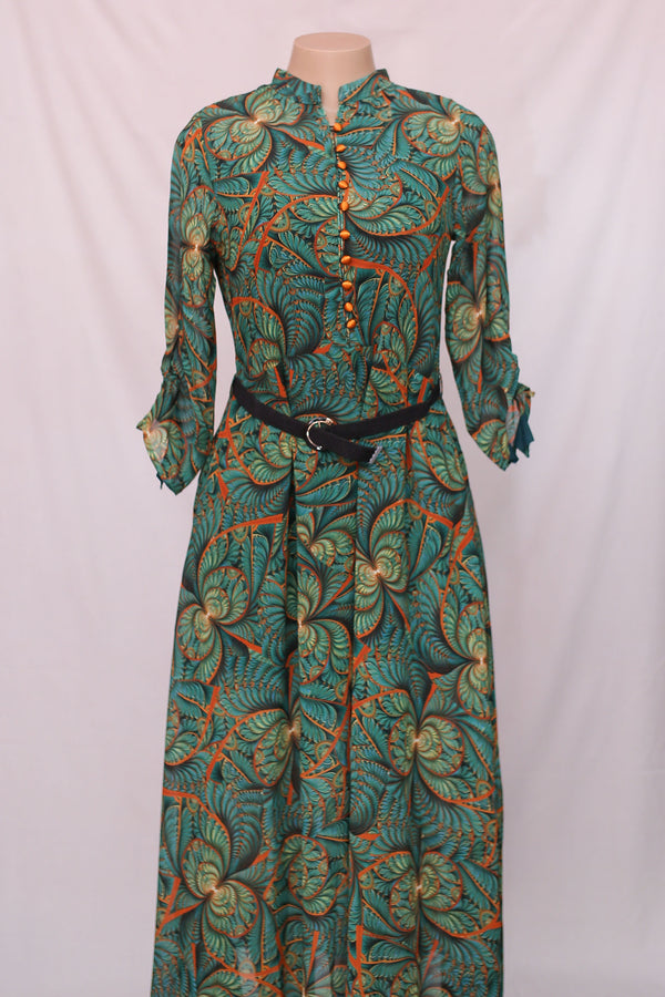 She Store Green Leaf Frock With Belt